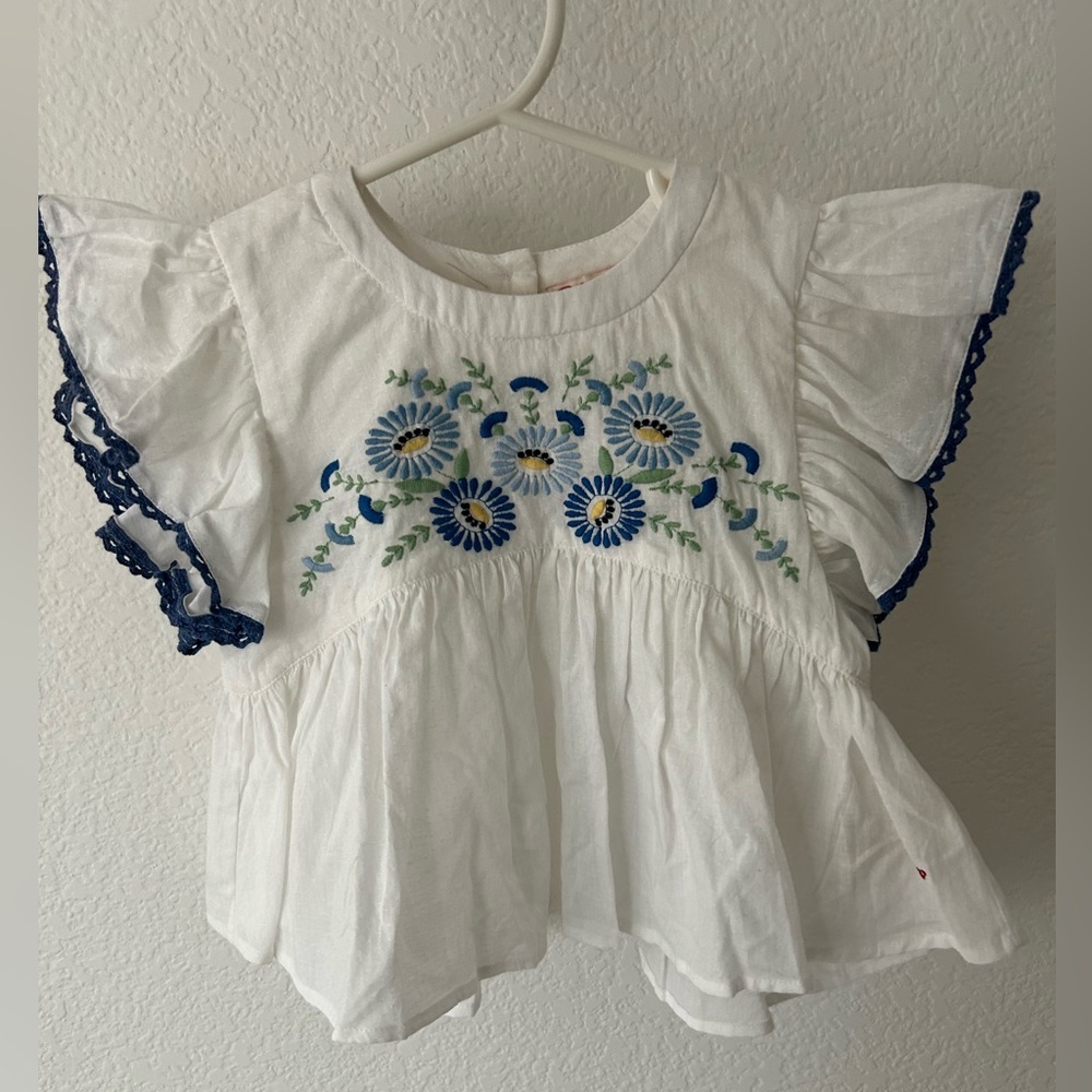 NWOT Le Latin White Cotton Embroidered Peplum Flutter Sleeve Top, 3T